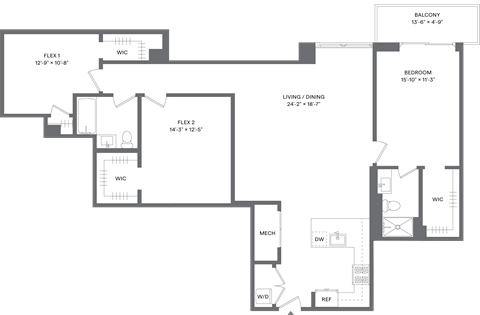 Floor plan for 1 bed, 2 baths, 1400 sqft